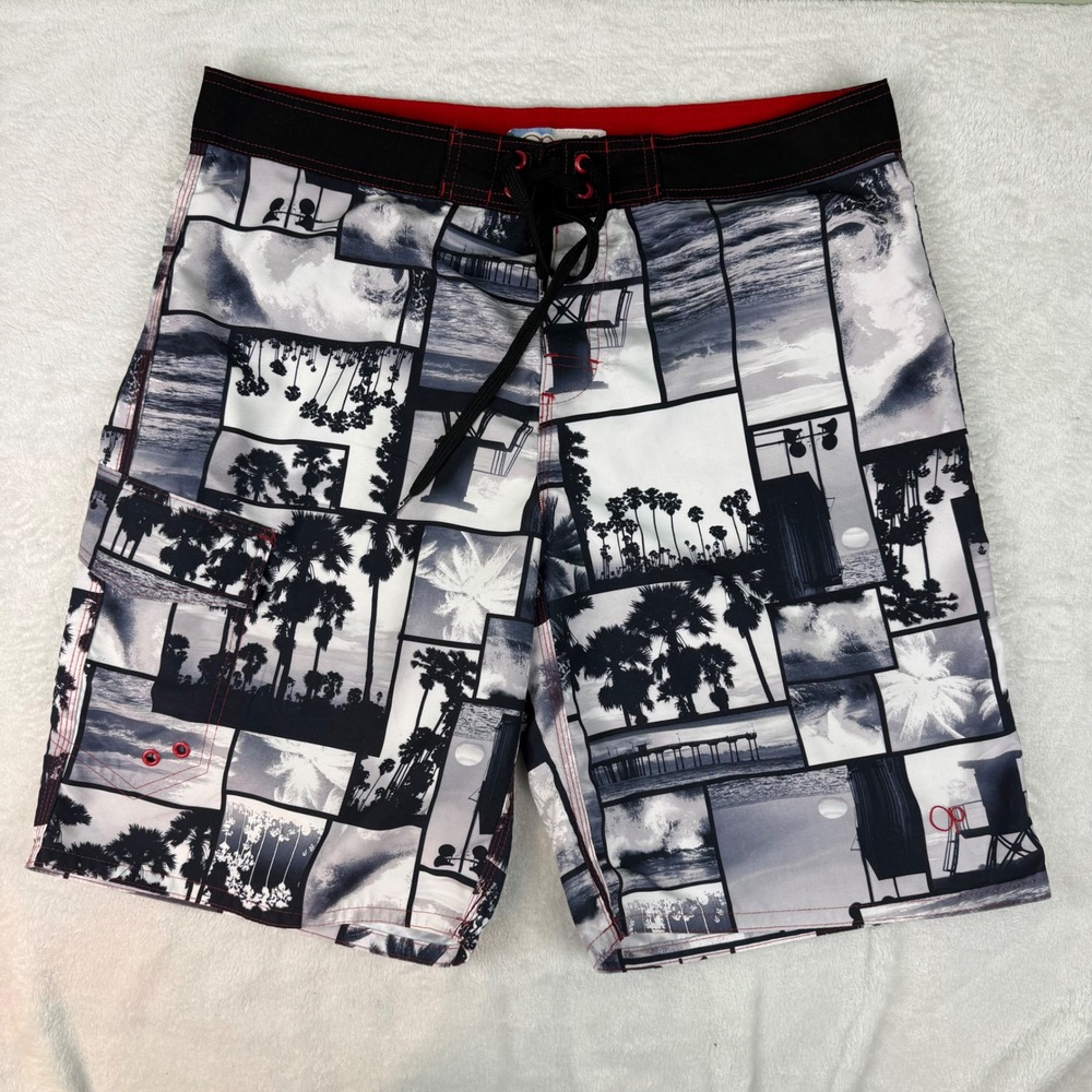 OP Ocean Pacific Mens Board Shorts Size 36 Black White Palm Tree Beach Print